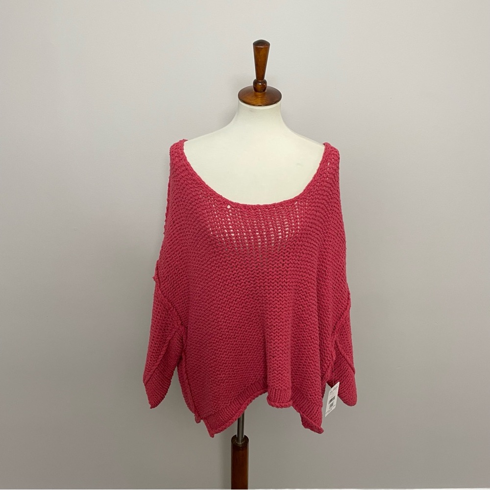 Free People Halo Pullover Crocheted Knit Sweater Oversized Coral Pink